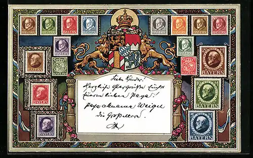 AK Briefmarkenkarte, Bayerische Briefmarken und Wappen