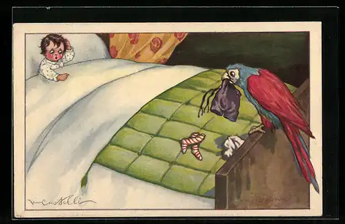 Künstler-AK Castelli: Papagei klaut dem Kleinkind die Hose