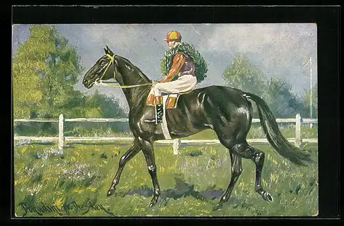 Künstler-AK Ermenegildo Carlo Donadini: Jockey mit Siegeskranz auf seinem Pferd