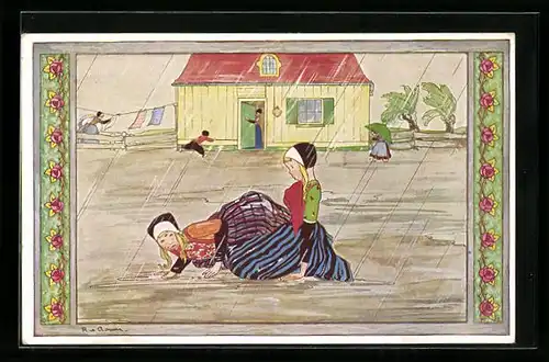 Künstler-AK Rie Cramer: Zwei Frauen kämpfen sich durchs Hochwasser