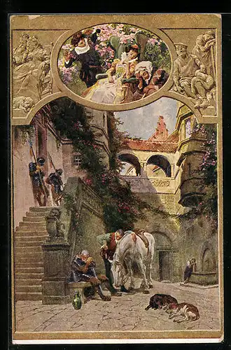 AK Dornröschen, zwei Szenen auf dem Märchen