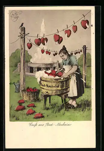 Künstler-AK Heinz Geilfus: Gruss aus Bad Nauheim, Waschfrau schrubbt Herzen im Zuber