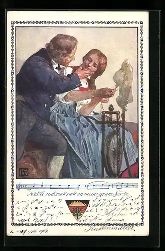 Künstler-AK Karl Friedrich Gsur: Deutscher Schulverein Nr. 366: Mädle ruck, ruck, ruck an meine grüne Seite, Notenzeile
