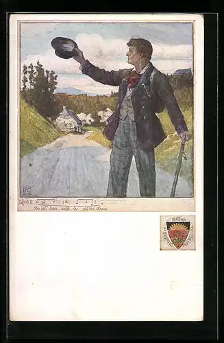 Künstler-AK Karl Friedrich Gsur: Deutscher Schulverein Nr. 457: So leb' denn wohl du süsses Haus, Wanderer am Ortsrand