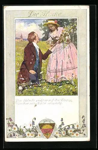 Künstler-AK Karl Friedrich Gsur: Deutscher Schulverein Nr. 193: Liebespaar beim Blumen pflücken