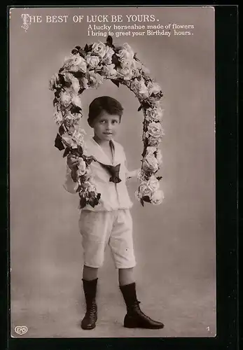 Foto-AK EAS: The best of luck be yours, Knabe mit Blumen-Hufeisen