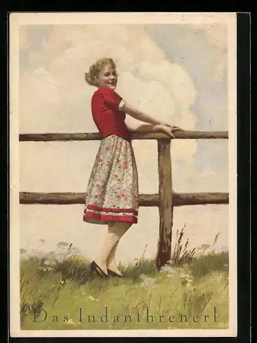 AK Frau im roten Kleid auf der Wiese, Reklame für Indanthren, unübertroffen farbecht
