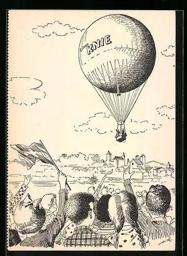 Künstler-AK Ballon mit Reklame für Circus Knie, Ballonpost mit Stempel des Landungortes