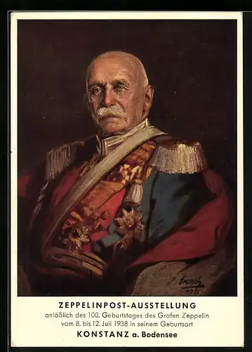 Künstler-AK Konstanz a. Bodensee, Zeppelinpost-Ausstellung z. 100. Geburtstages des Grafen Zeppelin vom 8.-12. Juli 1938