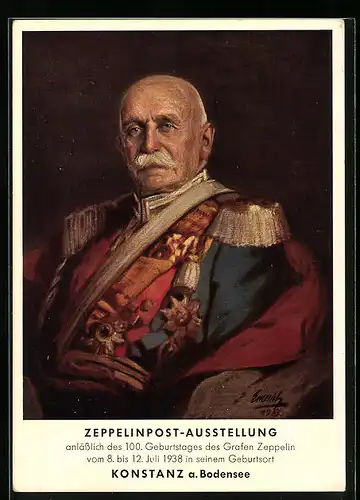 Künstler-AK Konstanz a. Bodensee, Zeppelinpost-Ausstellung z. 100. Geburtstages des Grafen Zeppelin vom 8.-12. Juli 1938