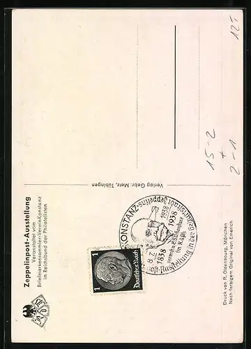 Künstler-AK Konstanz a. Bodensee, Zeppelinpost-Ausstellung z. 100. Geburtstages des Grafen Zeppelin vom 8.-12. Juli 1938