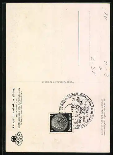 Künstler-AK Konstanz a. Bodensee, Zeppelinpost-Ausstellung z. 100. Geburtstages des Grafen Zeppelin vom 8.-12. Juli 1938