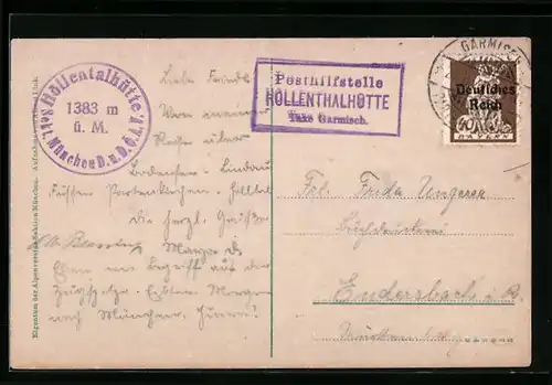 AK Landpoststempel Höllenthalhütte Taxe Garmisch