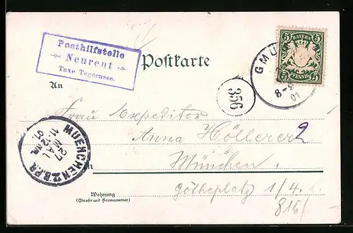 AK Landpoststempel Neurent Taxe Tegernsee