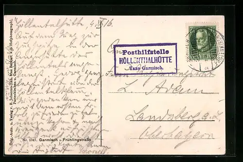 AK Landpoststempel Höllenthalhütte Taxe Garmisch