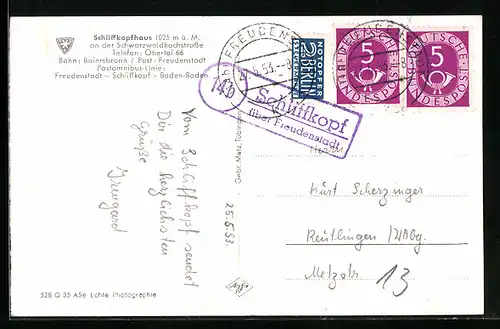 AK Landpoststempel Schliffkopf über Freudenstadt