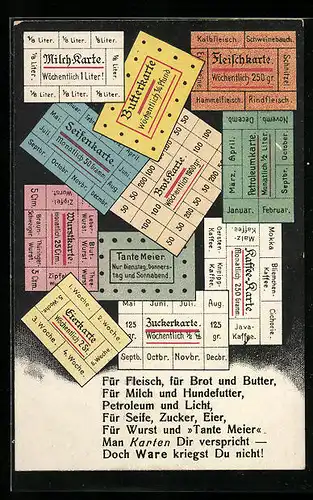 AK Kriegsnot, Kaffe-Karte und Fleischkarte, Gedicht