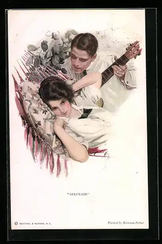 Künstler-AK Harrison Fisher: Serenade, Junger Mann spielt für Frau in Hängematte Gitarre