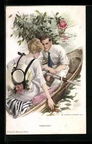 Künstler-AK Harrison Fisher: Drifting, Herr und Dame im Boot