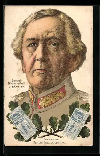 Künstler-AK Heerführer General Feldmarschall v. Häseler mit Reklame Dr. Gentners Goldperle