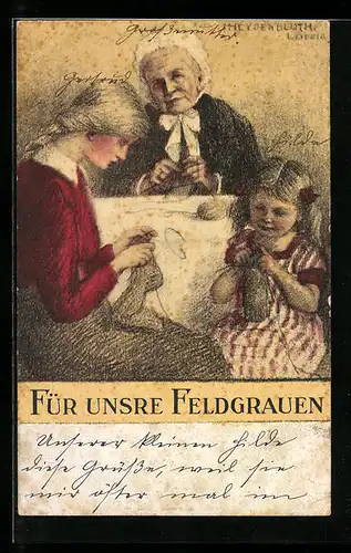 Künstler-AK Frauen und Mädchen beim Stricken Für unsre Feldgrauen