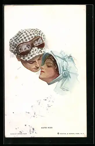 Künstler-AK Harrison Fisher: Auto Kiss - Paar im Auto