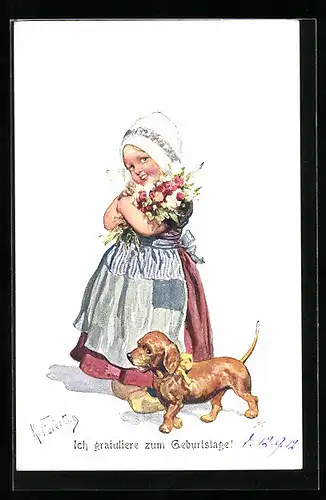 Künstler-AK Karl Feiertag: Kleine Gratulantin in holländischer Tracht mit Dackel