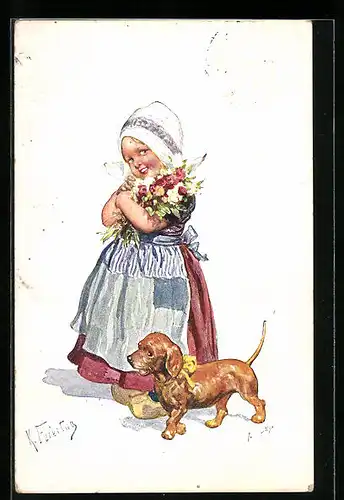 Künstler-AK Karl Feiertag: Mädchen mit Dackel