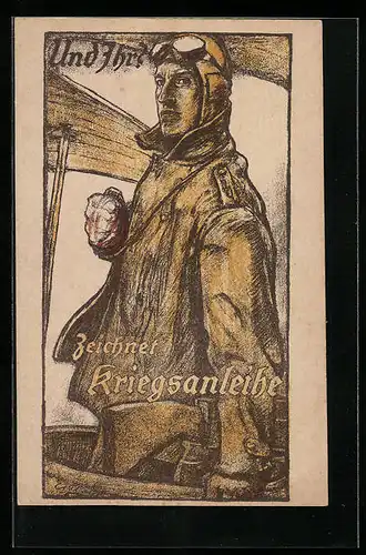 Künstler-AK Pilot in seiner Fliegerjacke bittet um Zeichnung von Kriegsanleihen