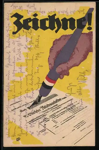 Künstler-AK Zeichne! Darstellung einer Kriegsanleihe bei der Zeichnung