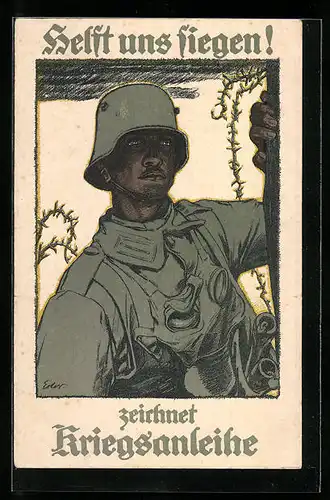 Künstler-AK Helft uns siegen! zeichnet Kriegsanleihe, Sturmtruppler mit Stahlhelm und Gasmaske