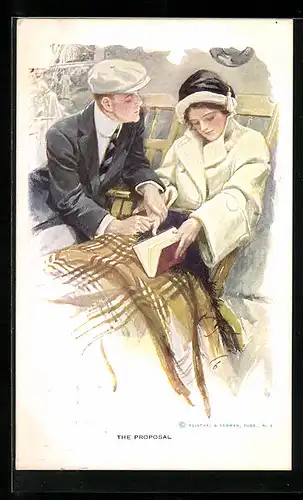 Künstler-AK Harrison Fisher: Mann spricht beruhigend zu der Frau im Deckchair