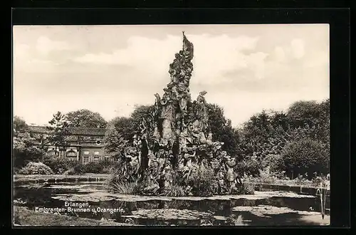 AK Erlangen, Emigranten-Brunnen und Orangerie