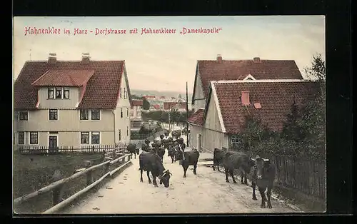 AK Hahnenklee im Harz, Dorfstrasse mit Hahnenkleer Damenkapelle