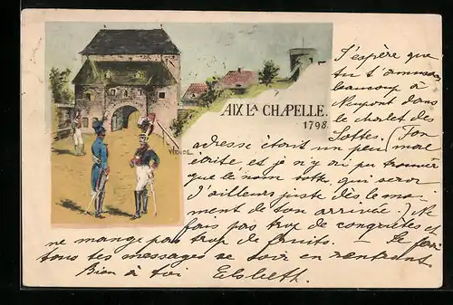 Künstler-AK Aachen, Aix La Chapelle 1798, Zwei Edelmänner vor dem Tore