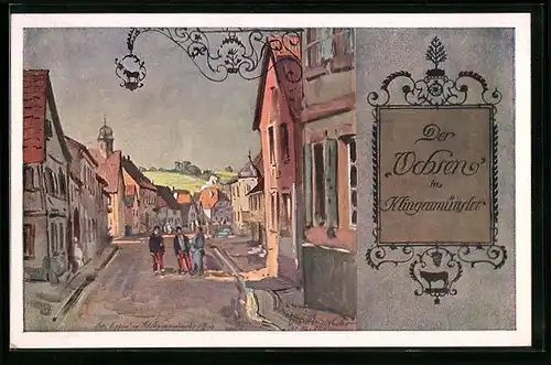 Künstler-AK Klingenmünster, Dorfstrasse mit Gasthaus zum Ochsen