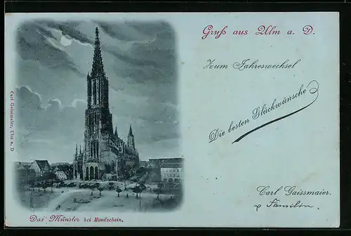 Mondschein-AK Ulm a. D., Das Münster bei Vollmond