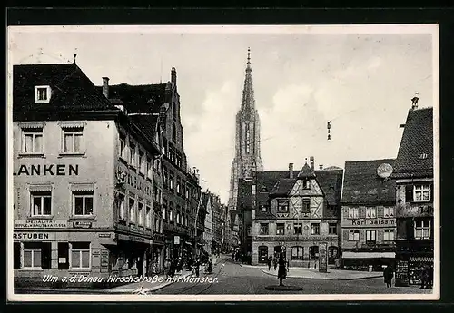 AK Ulm a. d. Donau, Hirschstrasse mit Münster und Hotel Blanken
