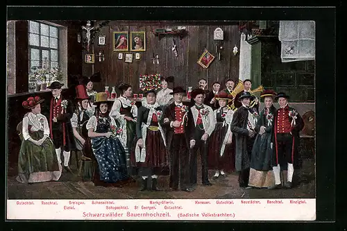 AK Schwarzwälder Bauernhochzeit, Gäste in badischen Volkstrachten