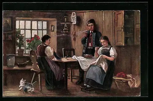 AK Familie in Schwarzwälder Tracht in Bauernstube