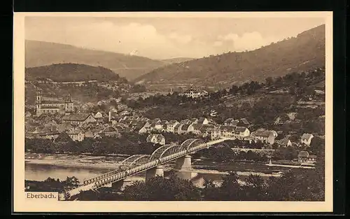 AK Eberbach, Flusspartie mit Brücke und Ortsansicht