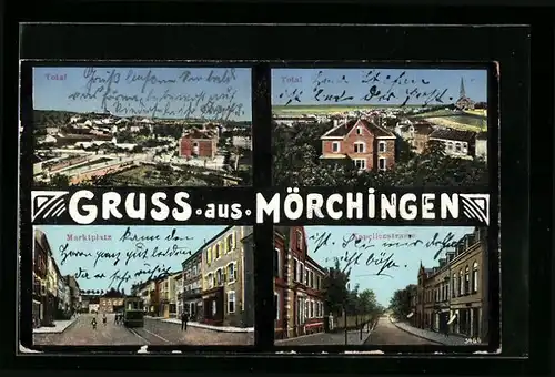 AK Mörchingen, Ortsansicht mit Marktplatz und Kapellenstrasse