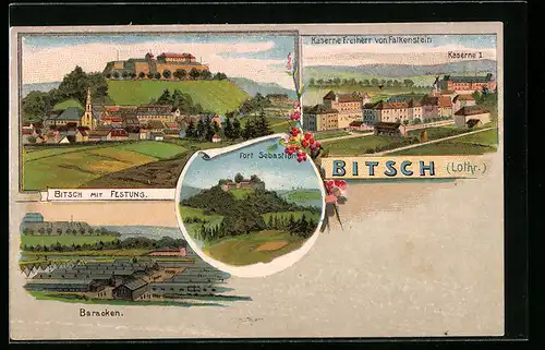 Lithographie Bitsch /Lothr., Ortsansicht mit Festung und Baracken