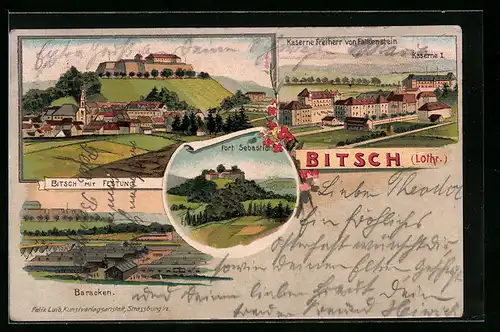 Lithographie Bitsch /Lothr., Ortsansicht mit Festung und Kaserne Freiherr von Falkenstein