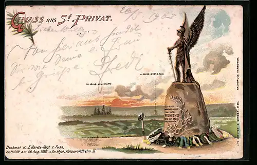 Lithographie St. Privat, Denkmal d. I. Garde-Regt. z. Fuss, enthüllt 1899 v. Kaiser Wilhelm II.