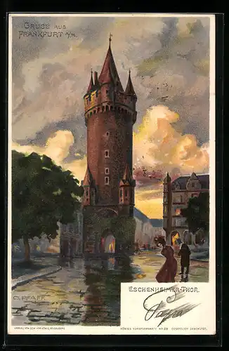 Künstler-AK C. Pfaff: Frankfurt a. M., Eschenheimer Thor mit nasser Strasse