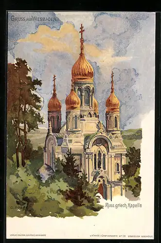 Künstler-AK C. Pfaff: Wiesbaden, Russ. griech. Kapelle aus der Vogelschau
