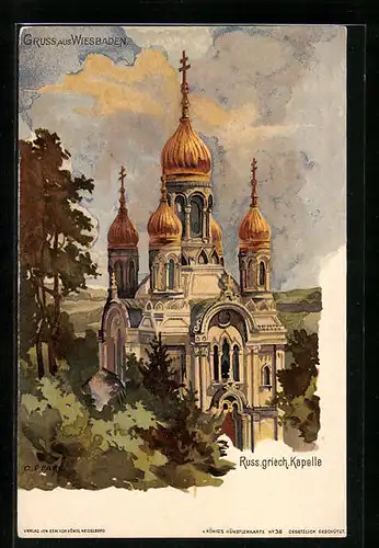 Künstler-AK C. Pfaff: Wiesbaden, Russisch griechische Kapelle aus der Vogelschau