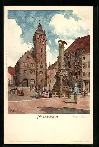 Künstler-AK Karl Mutter: Mosbach, Rathaus und Denkmal