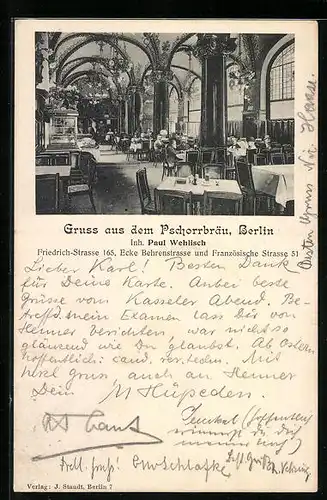 AK Berlin, Gasthaus Pschorr-Bräu P. Wehlisch in der Friedrich-Strasse 165, Innenansicht